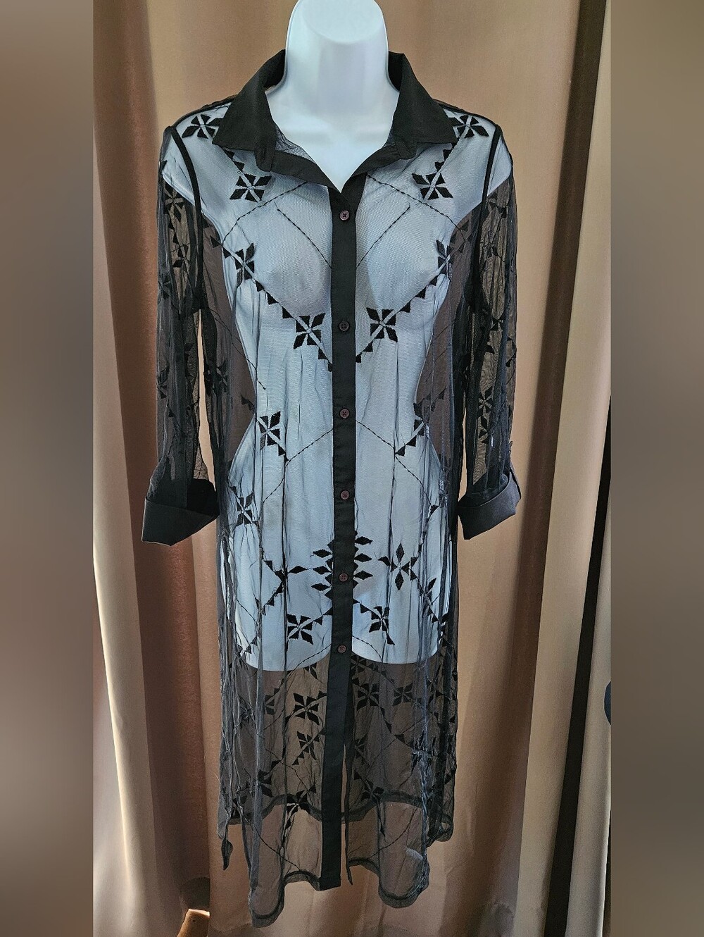 Black Mesh Embroidered Button Front Tunic Shirt Jacket Topper Duster S/M
